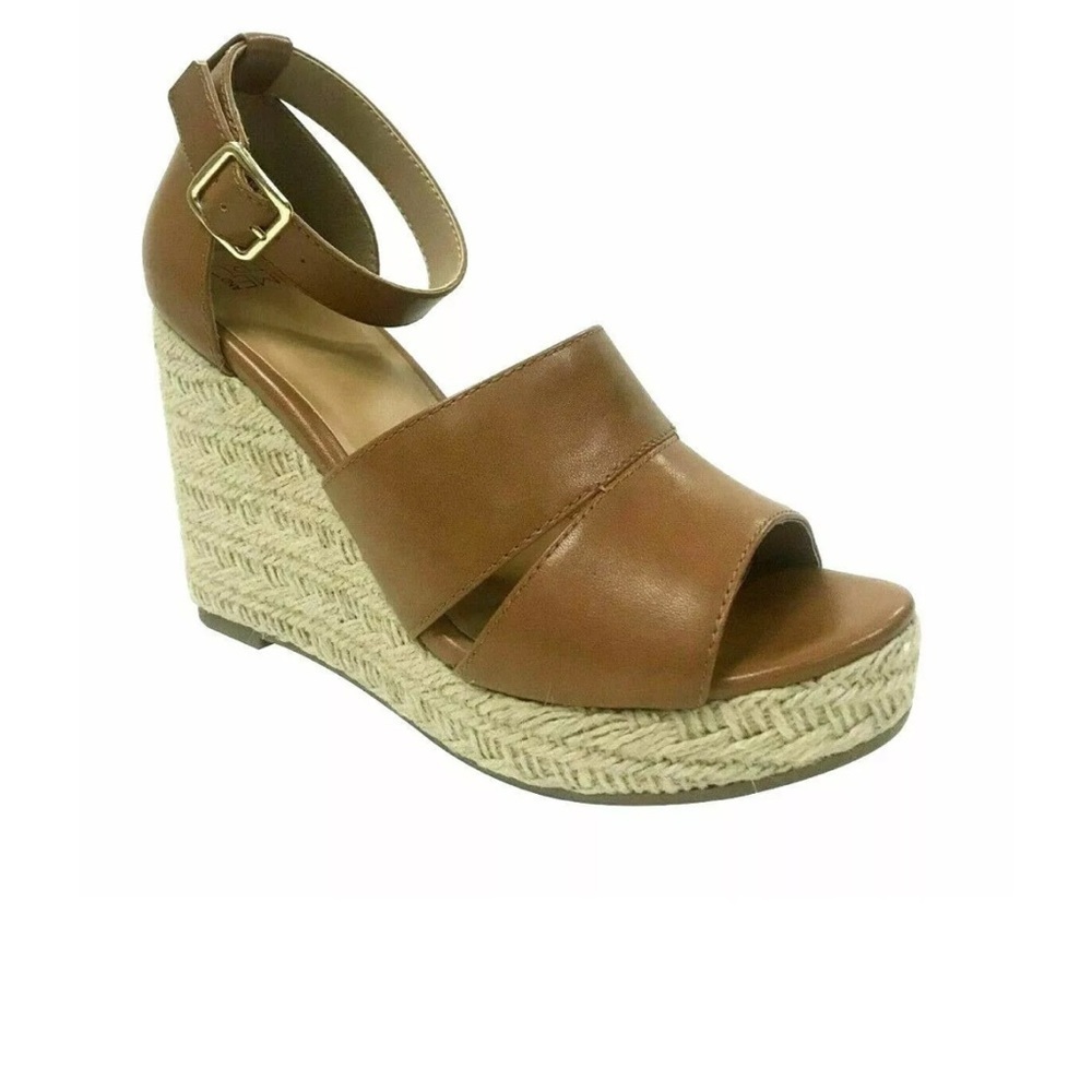 EUC TRU AND TIME LADIES WEDGE/PLATFORM OPENTOE HIGH HEEL SANDAL Tan Size 8